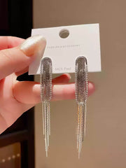 Sophisticated Gold Tone Rectangular Drop Earrings with Long Tassels