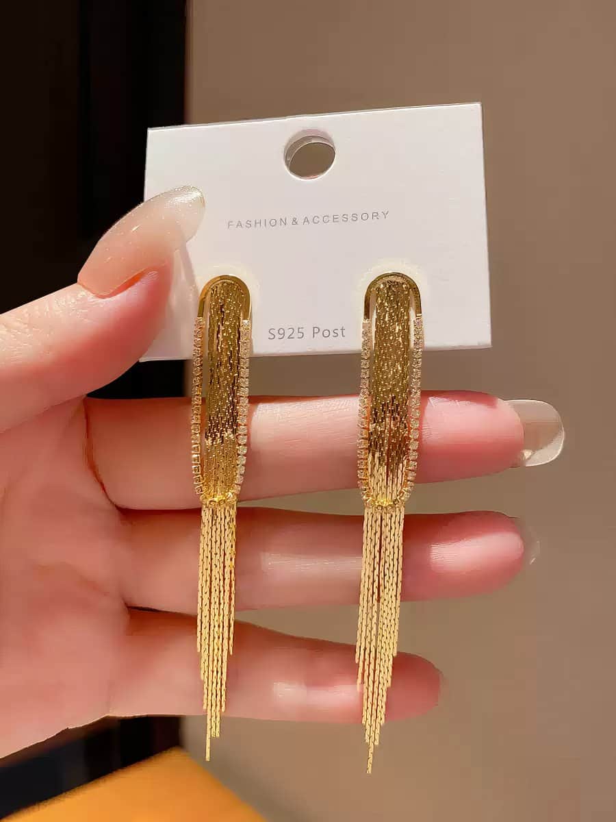 Sophisticated Gold Tone Rectangular Drop Earrings with Long Tassels Gold