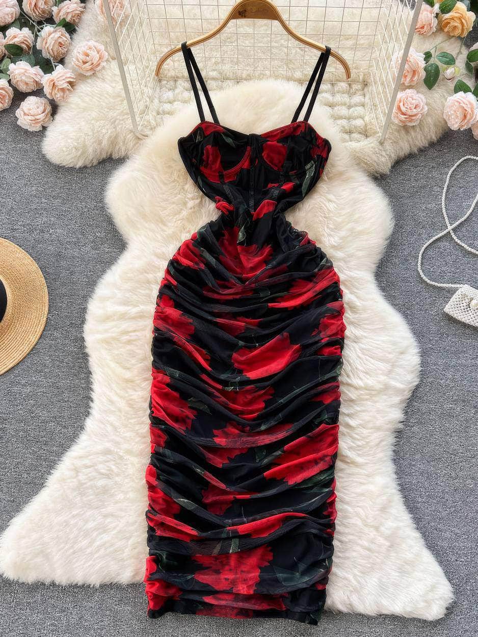 Spaghetti Strap Bustier Floral Slimfit Dress XS / Red