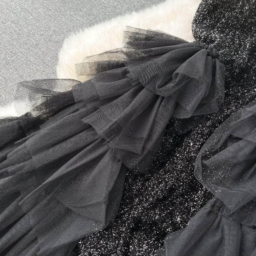 Spaghetti Strap Off-shoulder Sequin Frill Layered Hem Dress