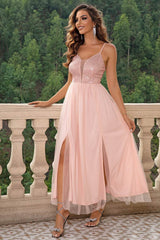Spaghetti Strap Slit Mesh Dress Blush Pink / XS