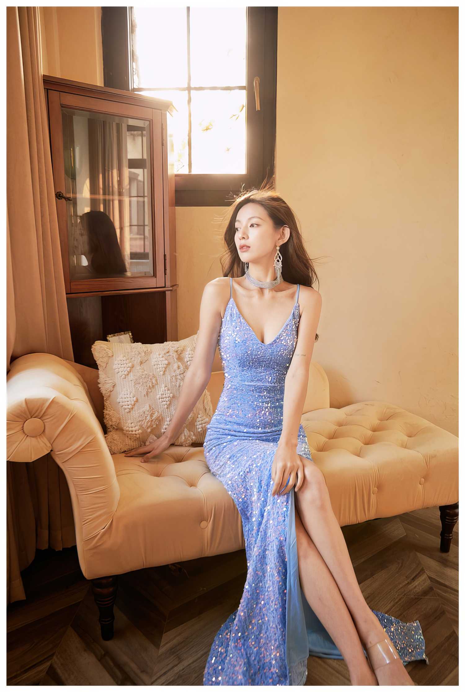 Spaghetti Straps Sequin Mermaid Side Slit Dress