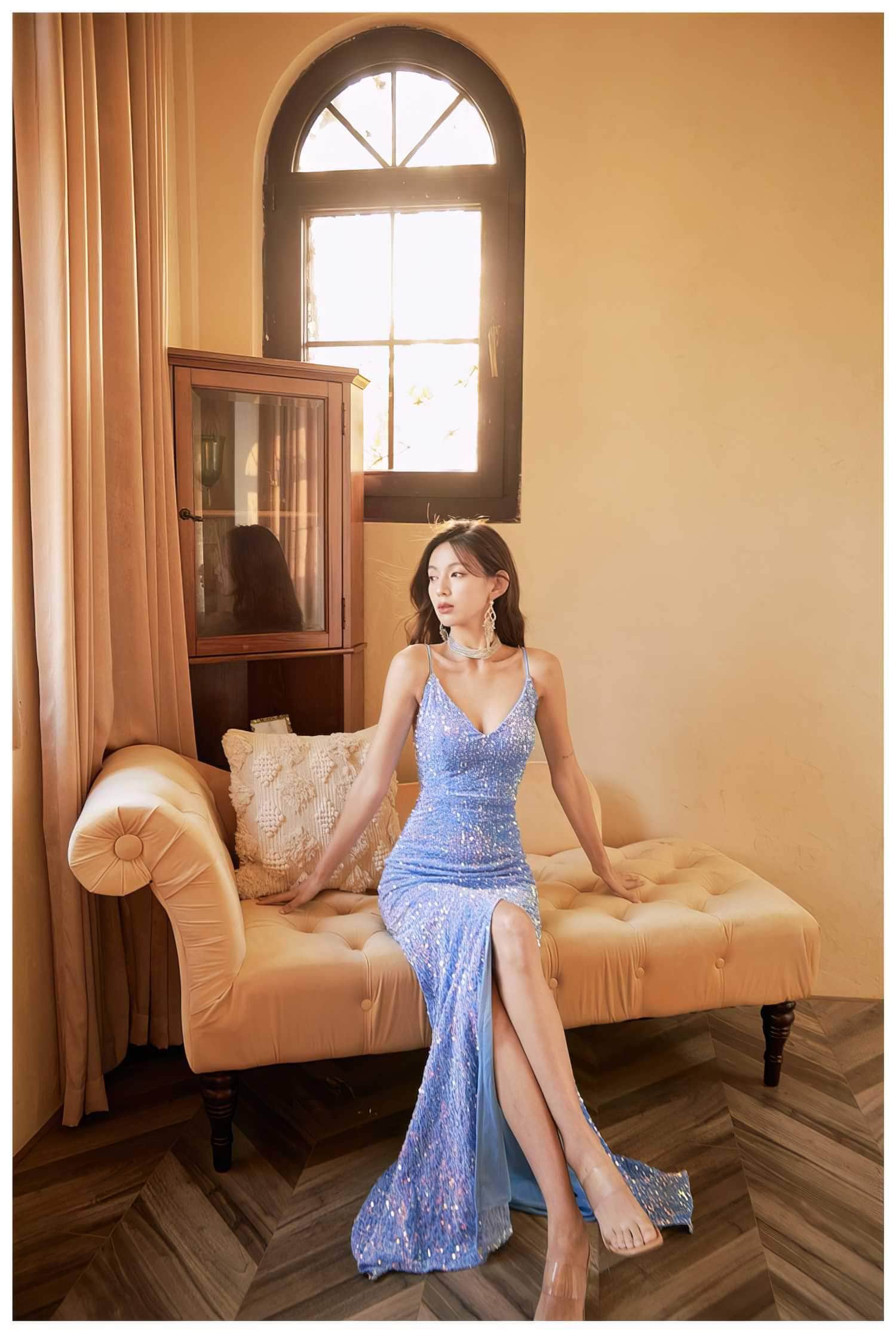 Spaghetti Straps Sequin Mermaid Side Slit Dress