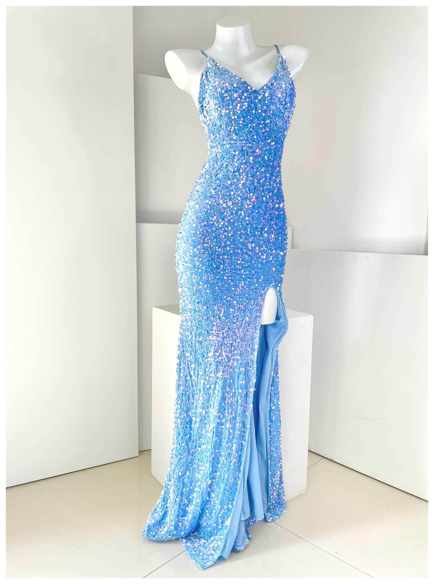 Spaghetti Straps Sequin Mermaid Side Slit Dress