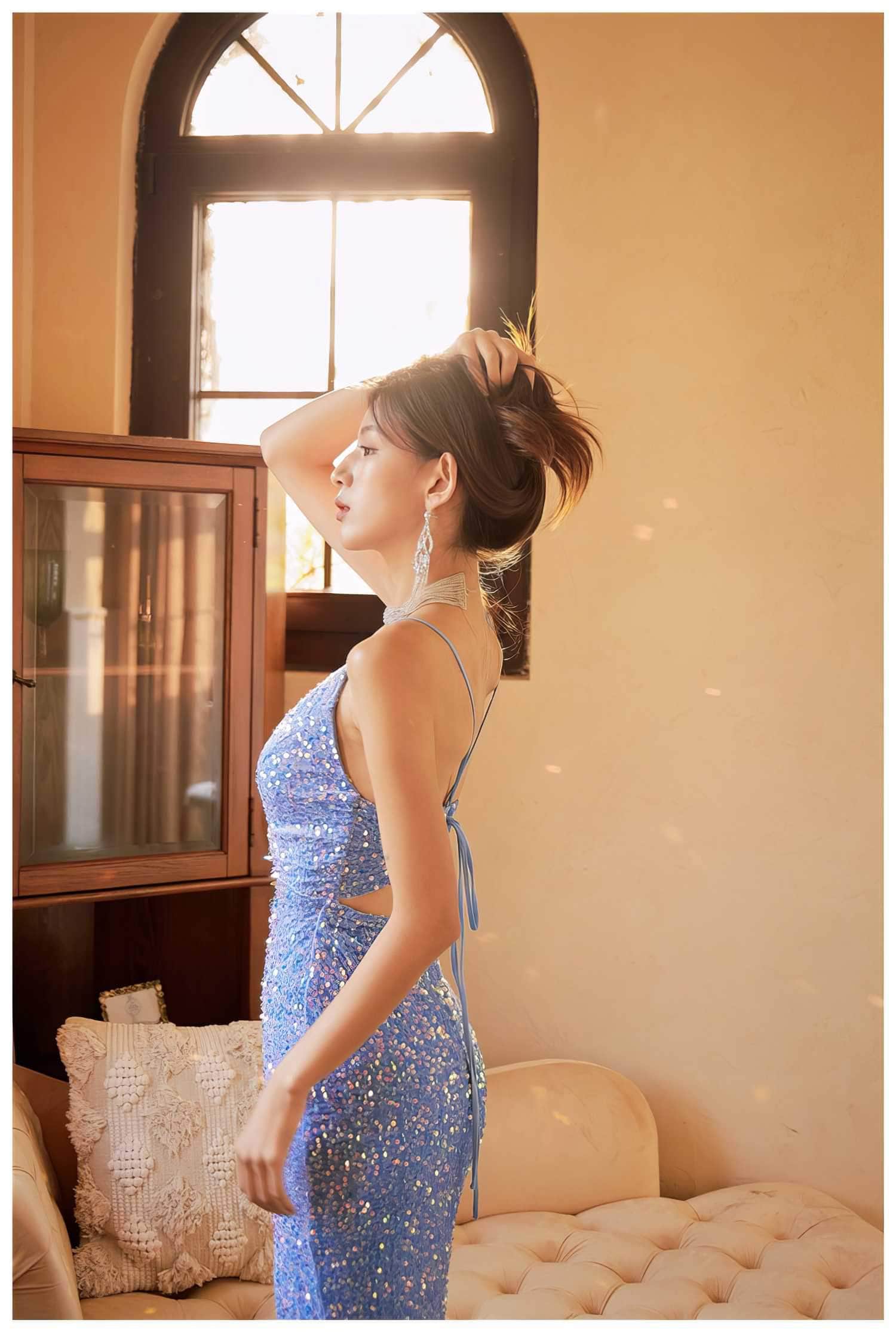 Spaghetti Straps Sequin Mermaid Side Slit Dress