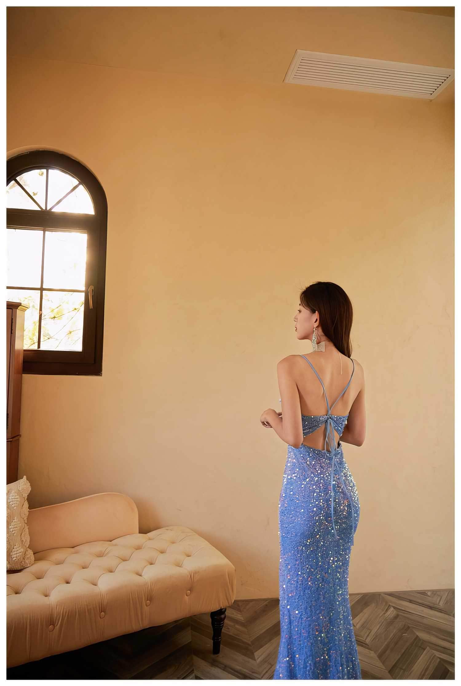 Spaghetti Straps Sequin Mermaid Side Slit Dress