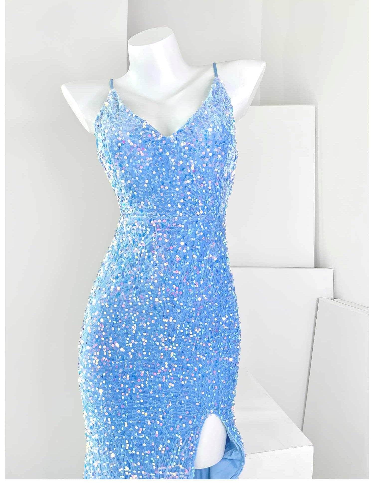 Spaghetti Straps Sequin Mermaid Side Slit Dress