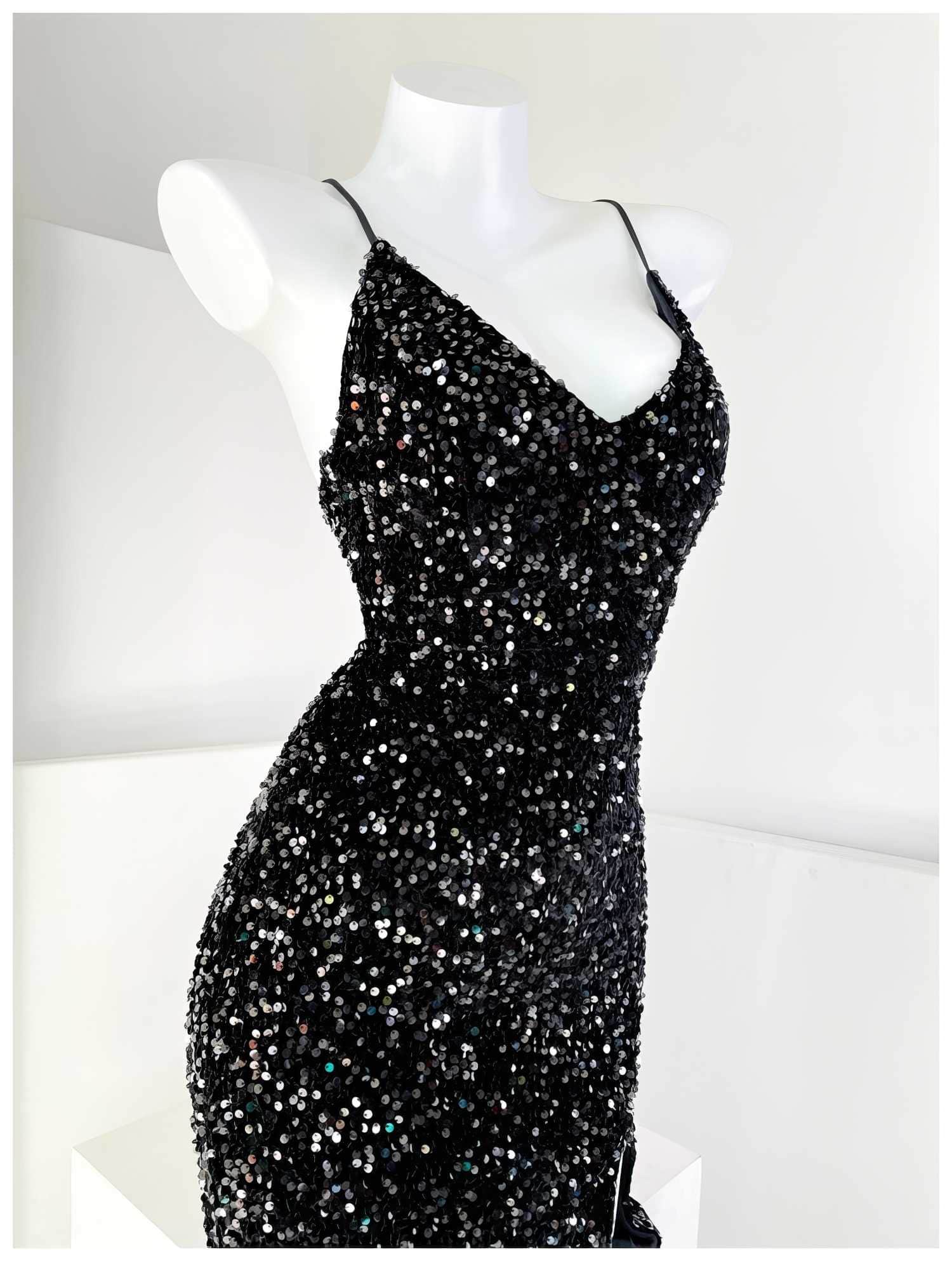 Spaghetti Straps Sequin Mermaid Side Slit Dress S / Black