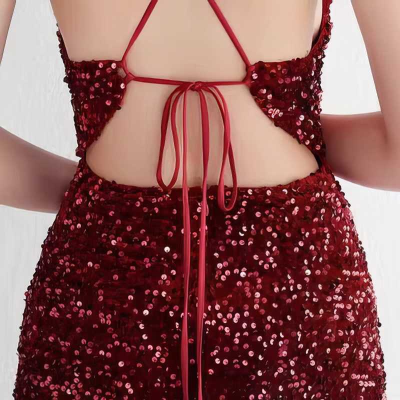 Spaghetti Straps Sequin Mermaid Side Slit Dress S / DarkRed