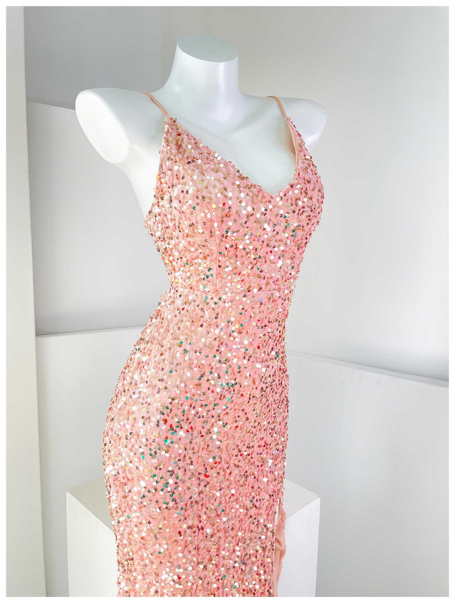 Spaghetti Straps Sequin Mermaid Side Slit Dress S / Pink