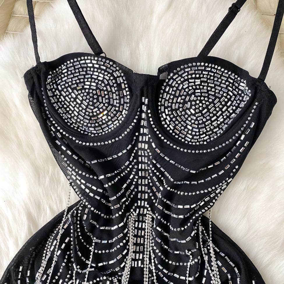 Spaghetti Straps Sequin Tassel Mesh Party Dress