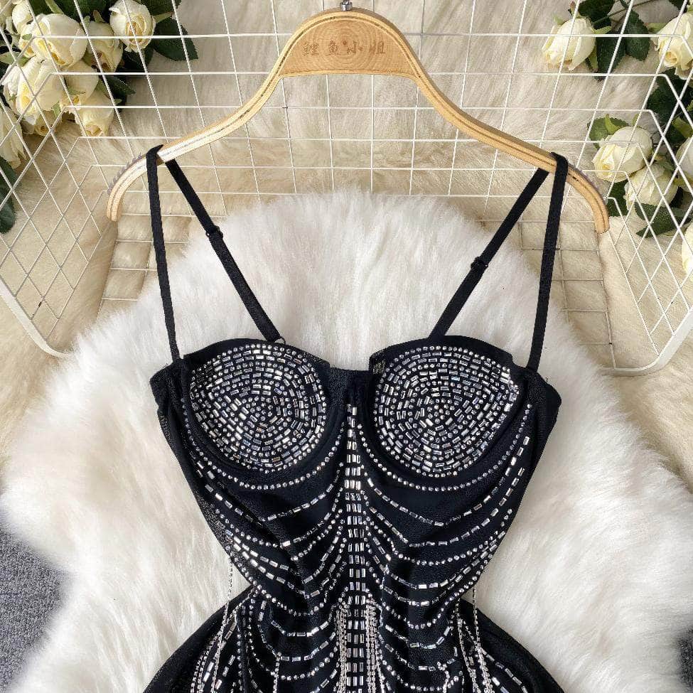 Spaghetti Straps Sequin Tassel Mesh Party Dress