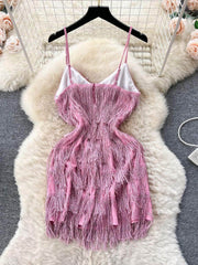 Spaghetti Straps Shimmery Tassel Mini Dress