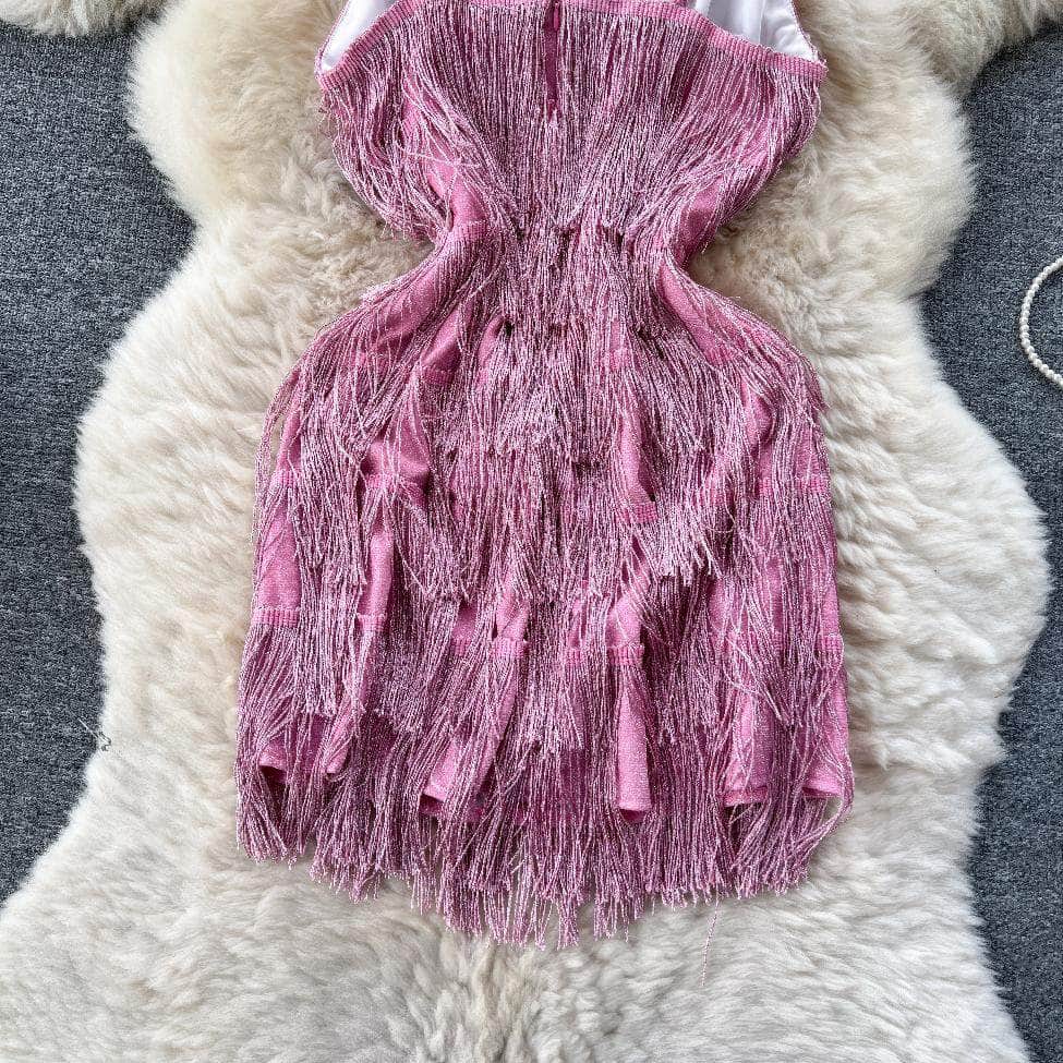 Spaghetti Straps Shimmery Tassel Mini Dress