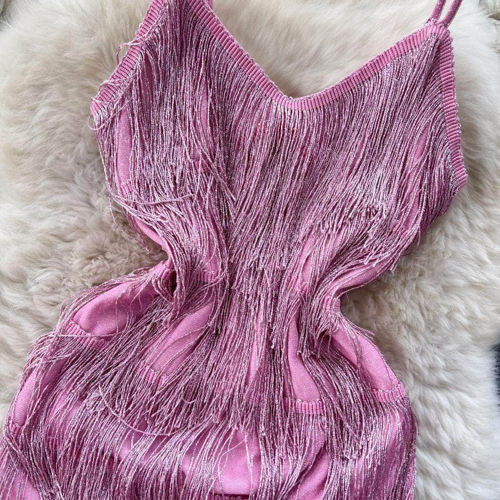Spaghetti Straps Shimmery Tassel Mini Dress