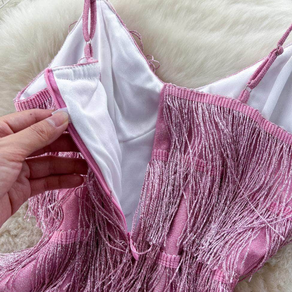Spaghetti Straps Shimmery Tassel Mini Dress