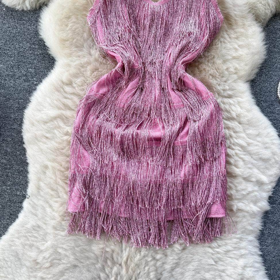 Spaghetti Straps Shimmery Tassel Mini Dress