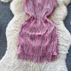 Spaghetti Straps Shimmery Tassel Mini Dress