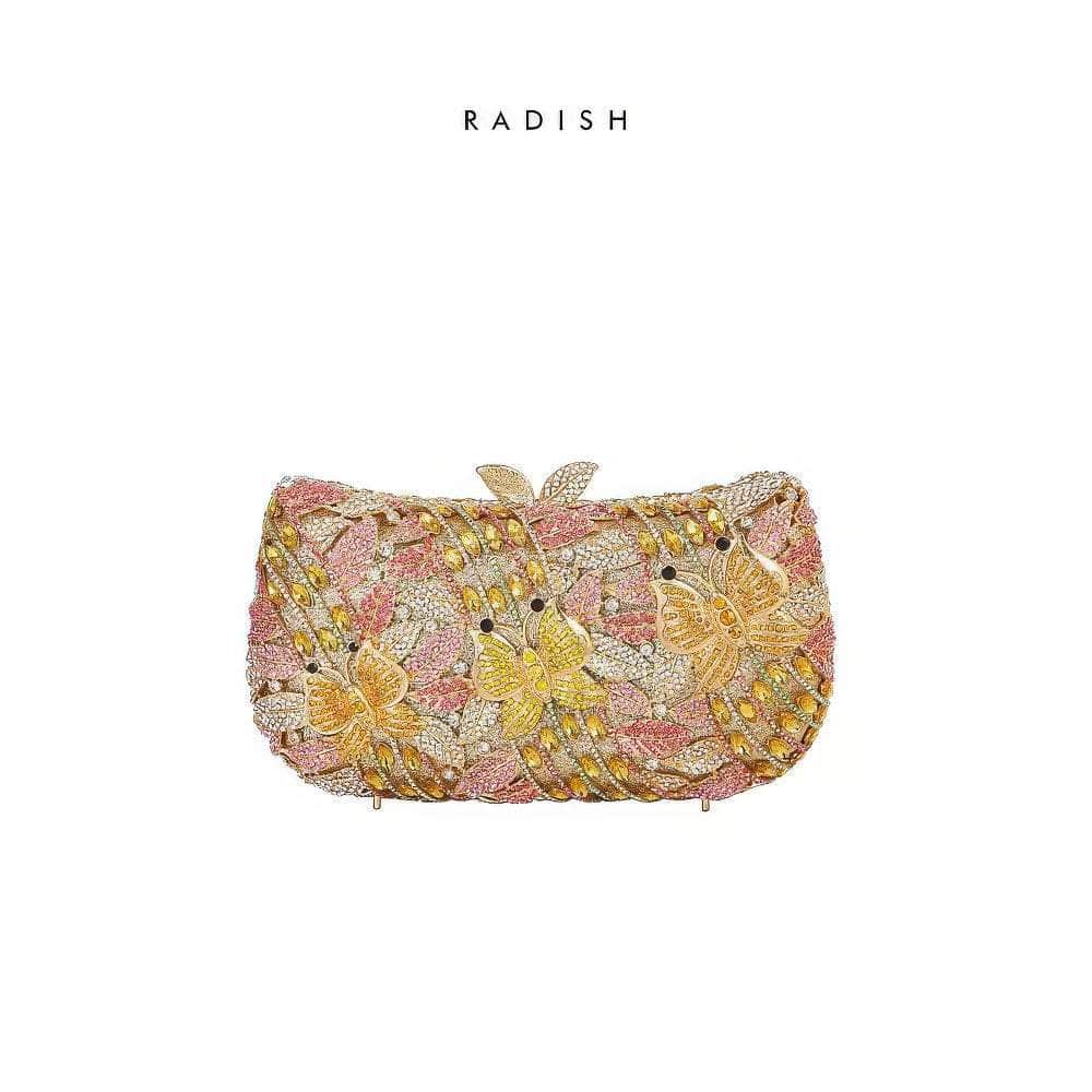 Sparkling Butterfly Floral Rhinestone Clutch Purse Pink