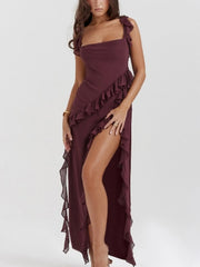 Split Ruffled Square Neck Maxi Dress Coffee / S
