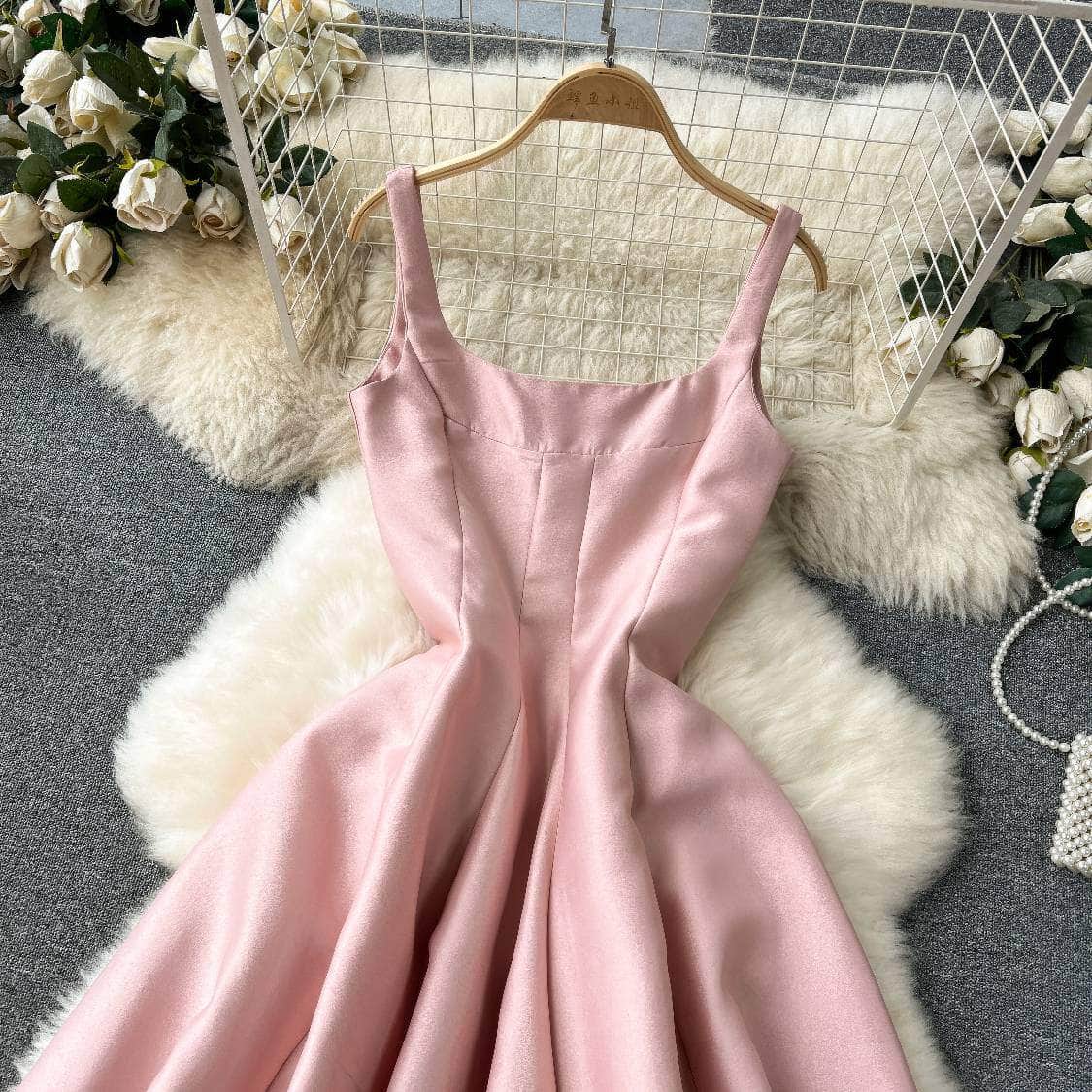 Square Neck Cami Satin Midi A-Line Dress