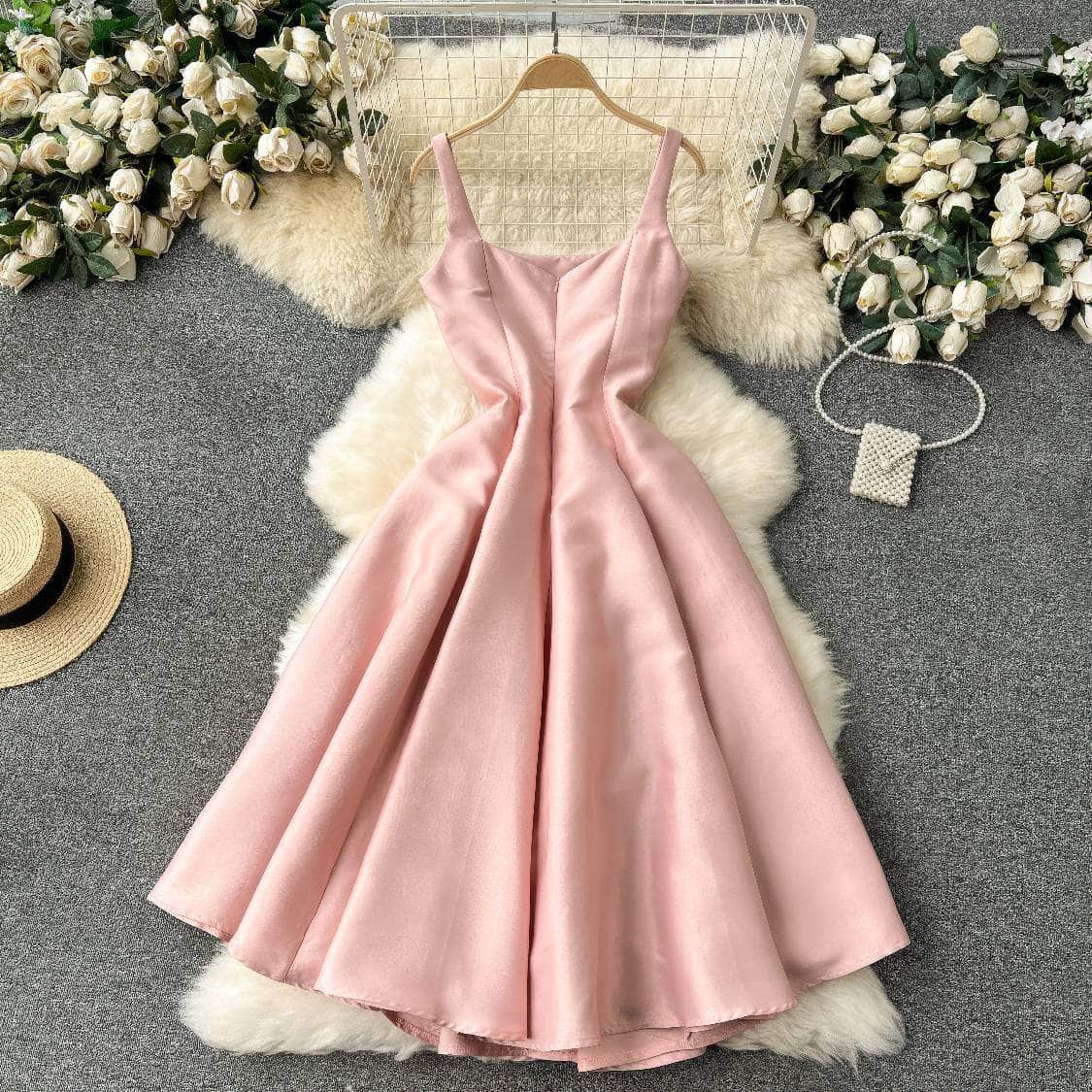 Square Neck Cami Satin Midi A-Line Dress