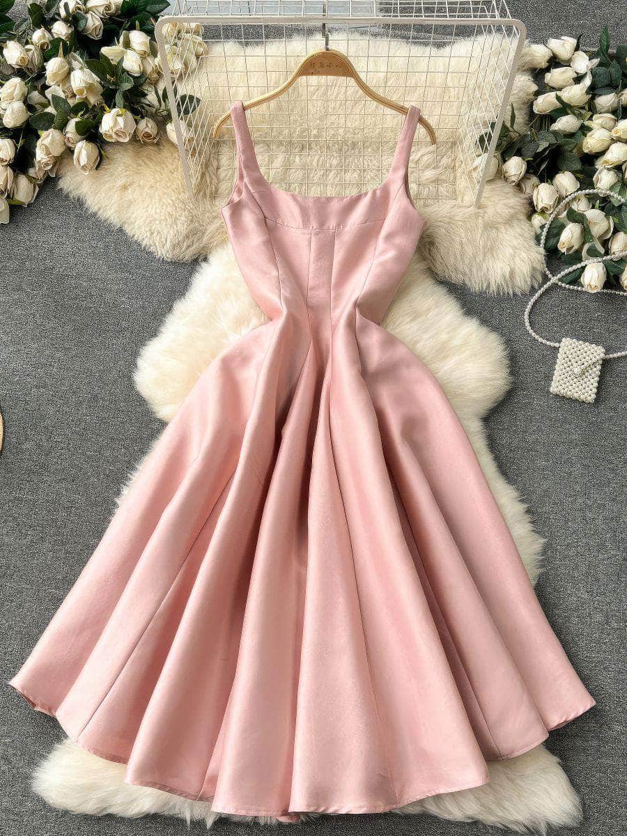 Square Neck Cami Satin Midi A-Line Dress S / LightPink