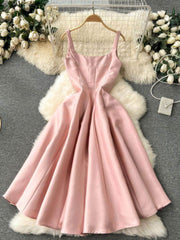 Square Neck Cami Satin Midi A-Line Dress S / LightPink