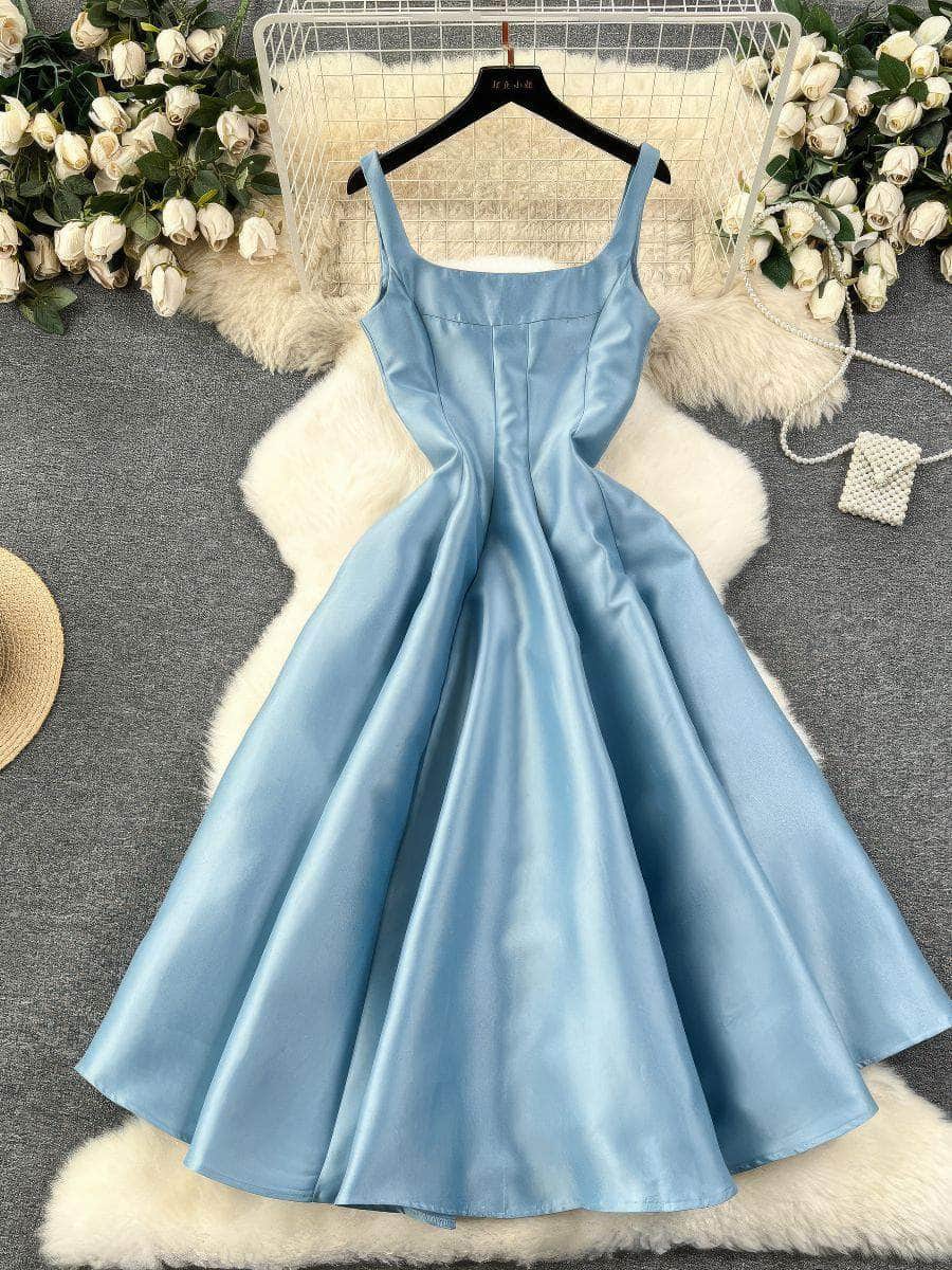 Square Neck Cami Satin Midi A-Line Dress S / PowderBlue