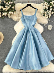 Square Neck Cami Satin Midi A-Line Dress S / PowderBlue