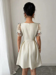 Square Neck Floral Sheer Sleeve Dress