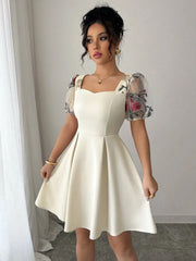 Square Neck Floral Sheer Sleeve Dress