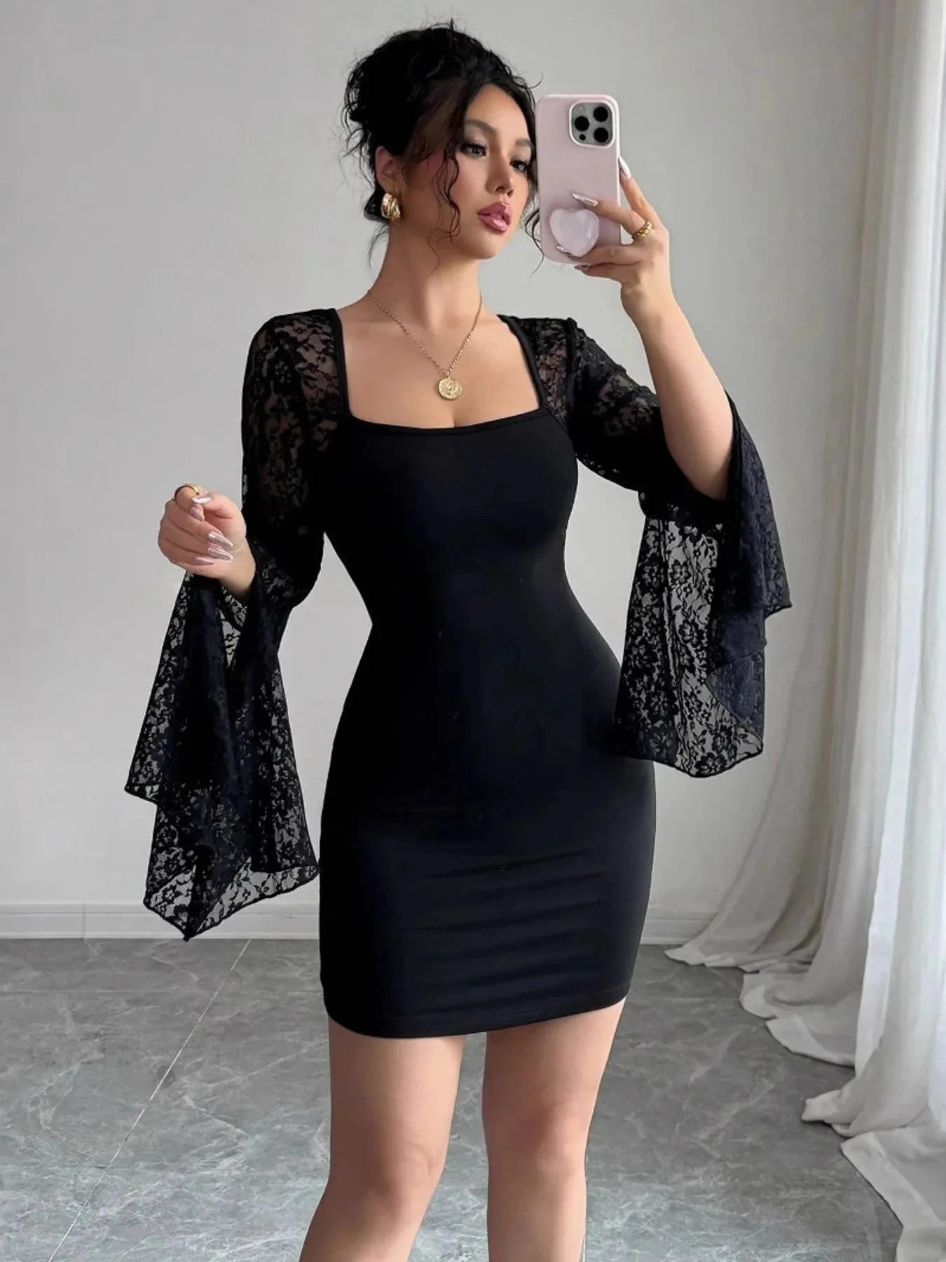 Square Neck Lace Bell Sleeve Bodycon Dress
