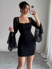 Square Neck Lace Bell Sleeve Bodycon Dress
