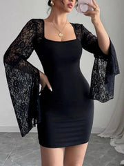 Square Neck Lace Bell Sleeve Bodycon Dress