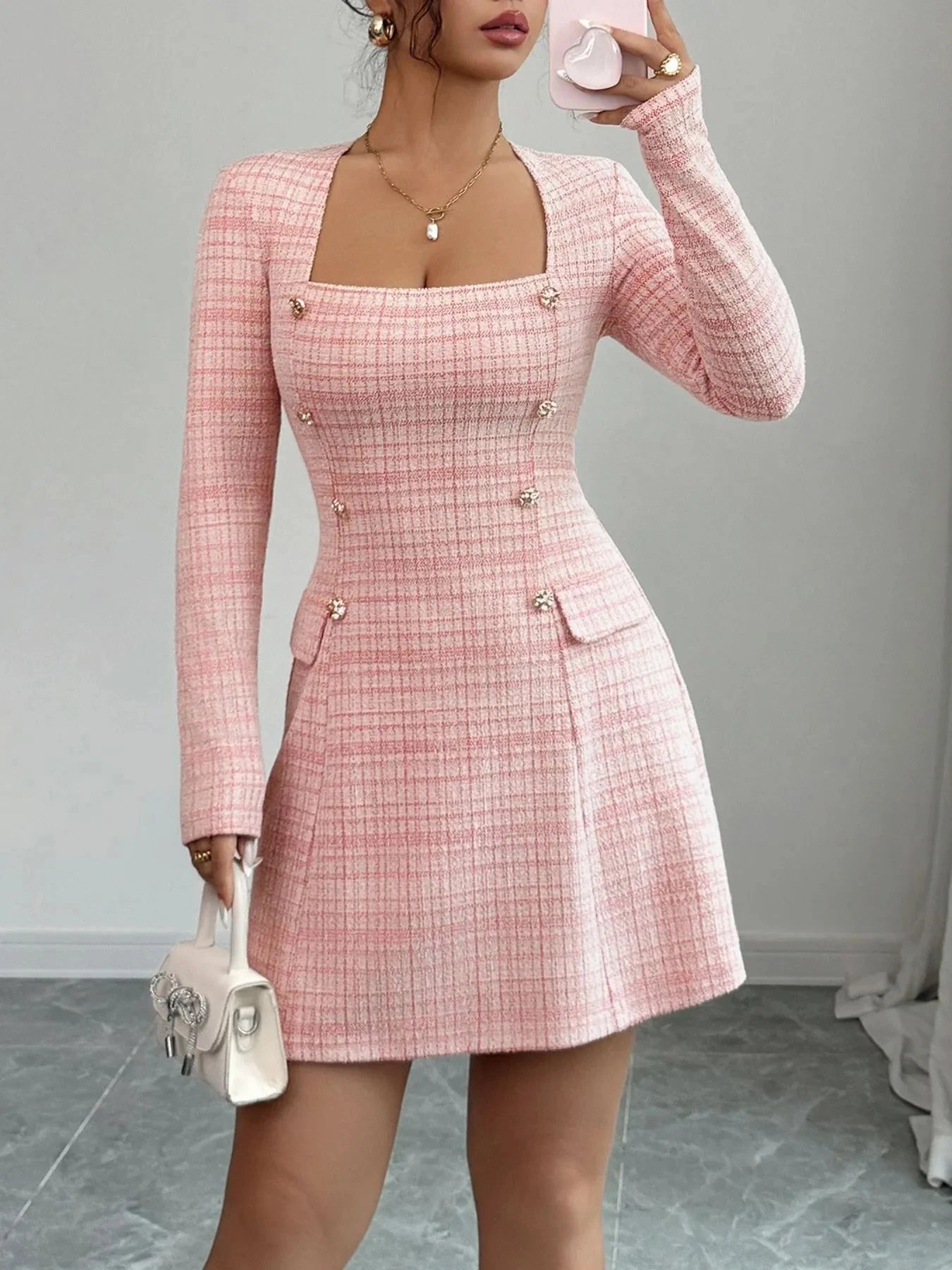 Square Neck Long Sleeve Dress Blush Pink / S