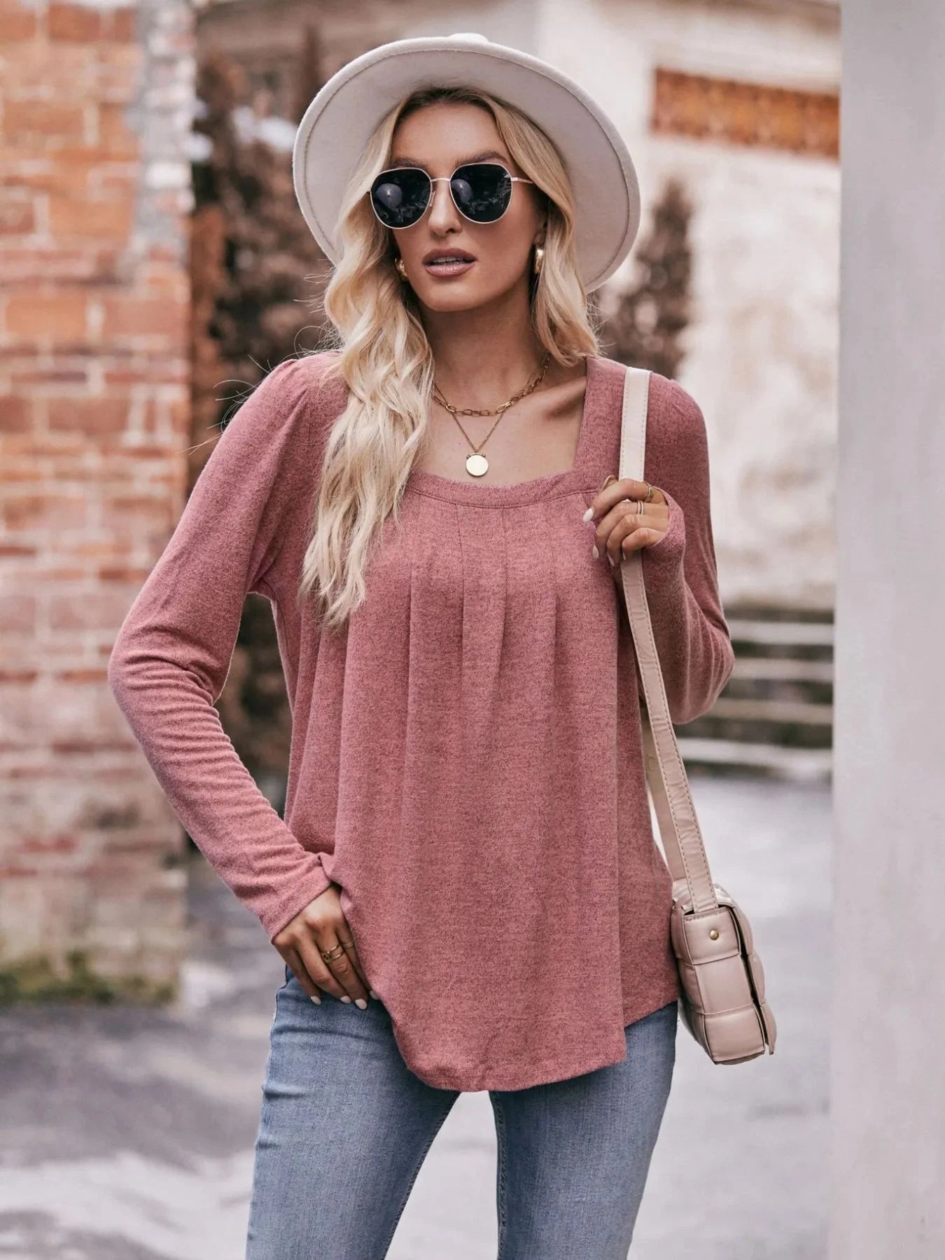 Square Neck Long Sleeve T-Shirt Dusty Pink / S