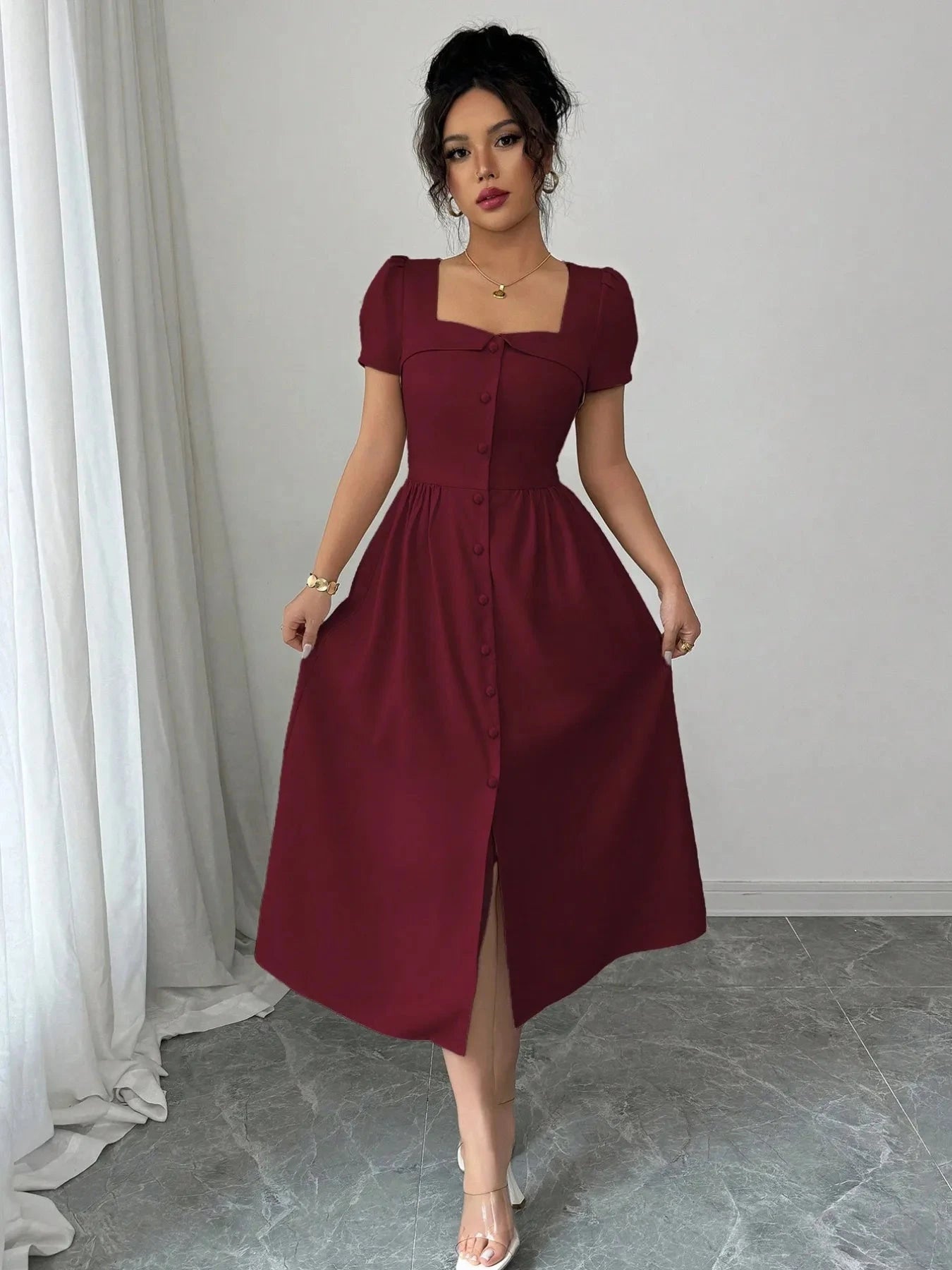 Square Neck Puff Sleeve Midi Dress