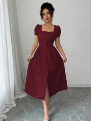 Square Neck Puff Sleeve Midi Dress