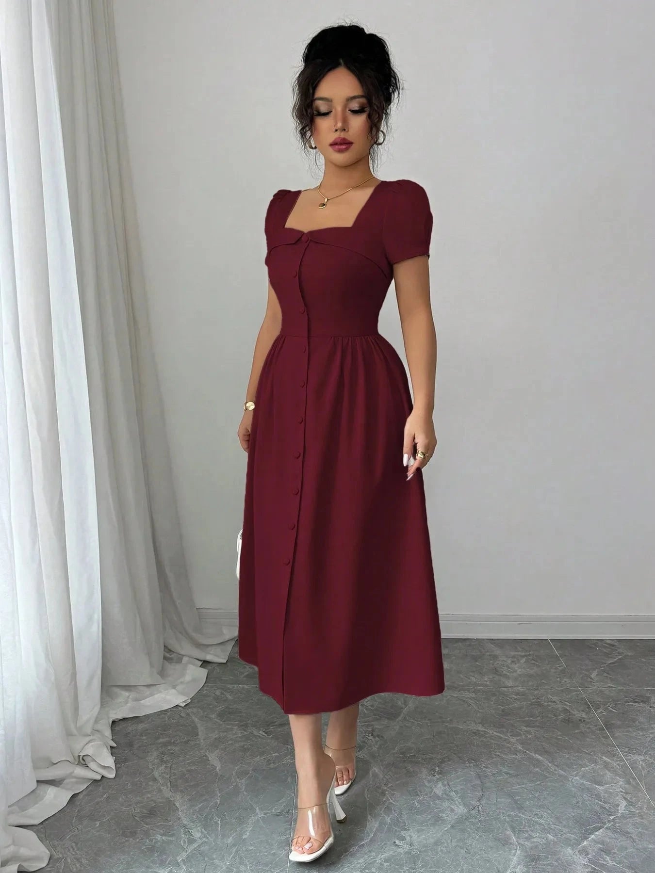 Square Neck Puff Sleeve Midi Dress