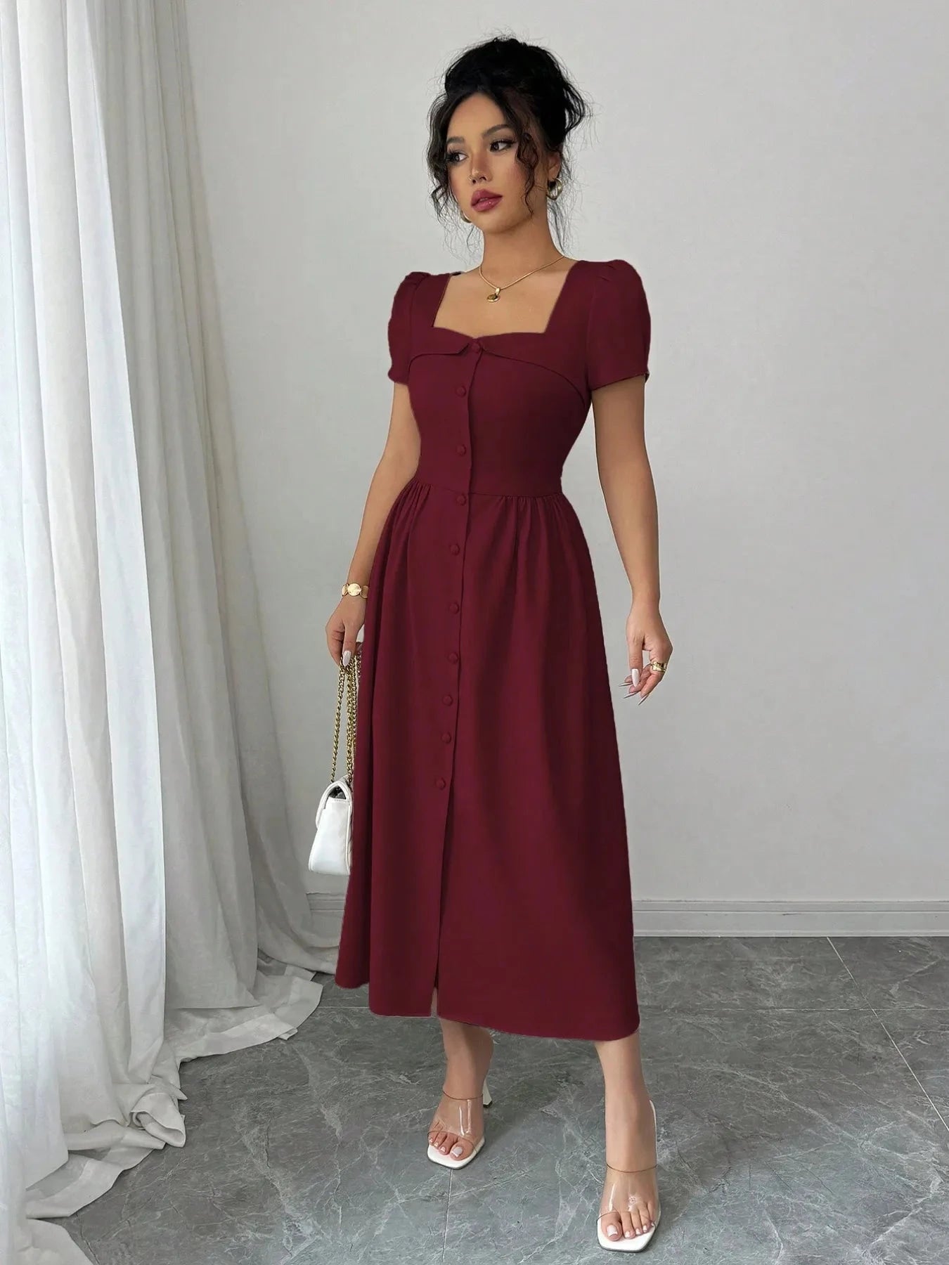 Square Neck Puff Sleeve Midi Dress