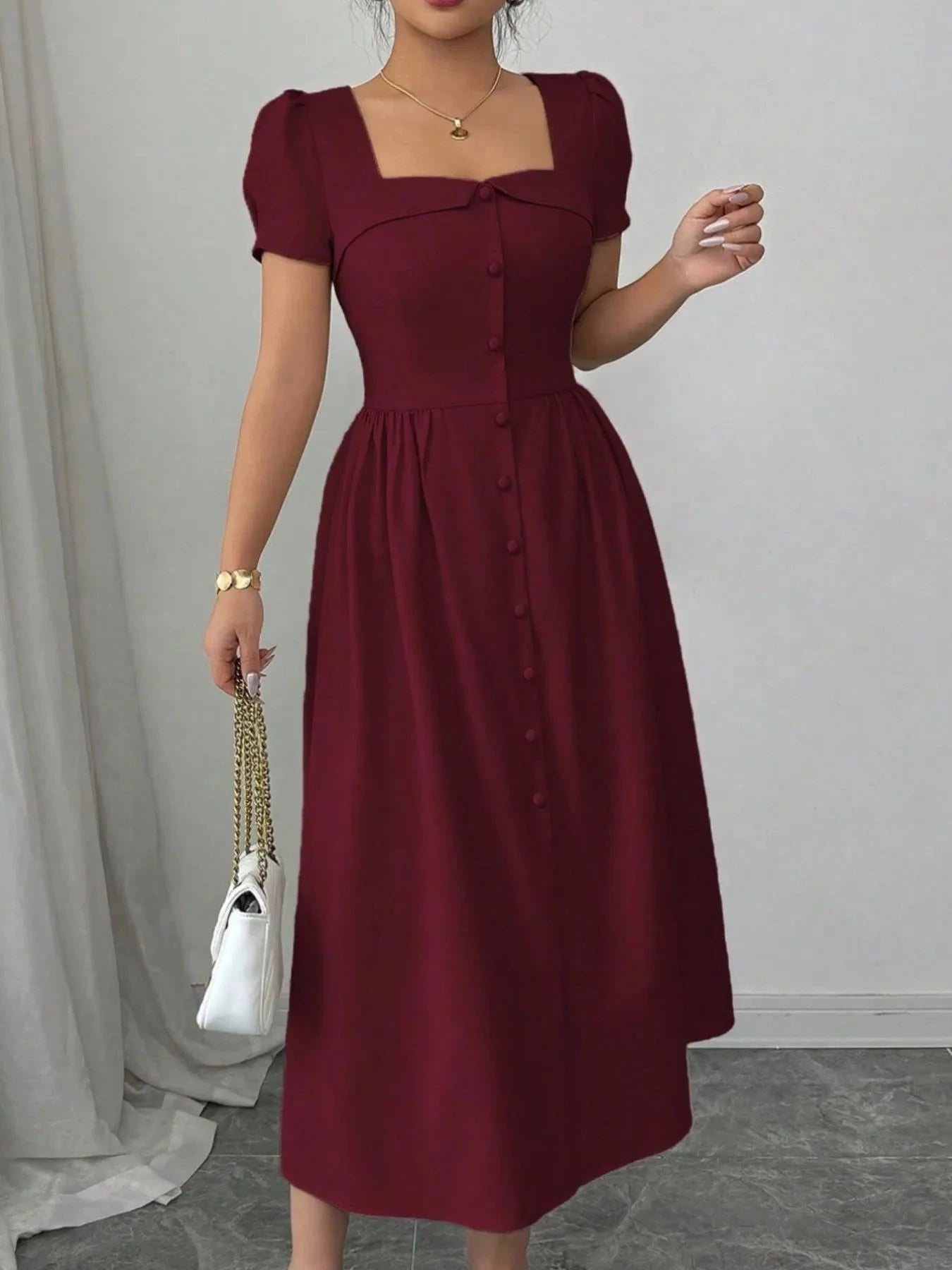 Square Neck Puff Sleeve Midi Dress Burgundy / S