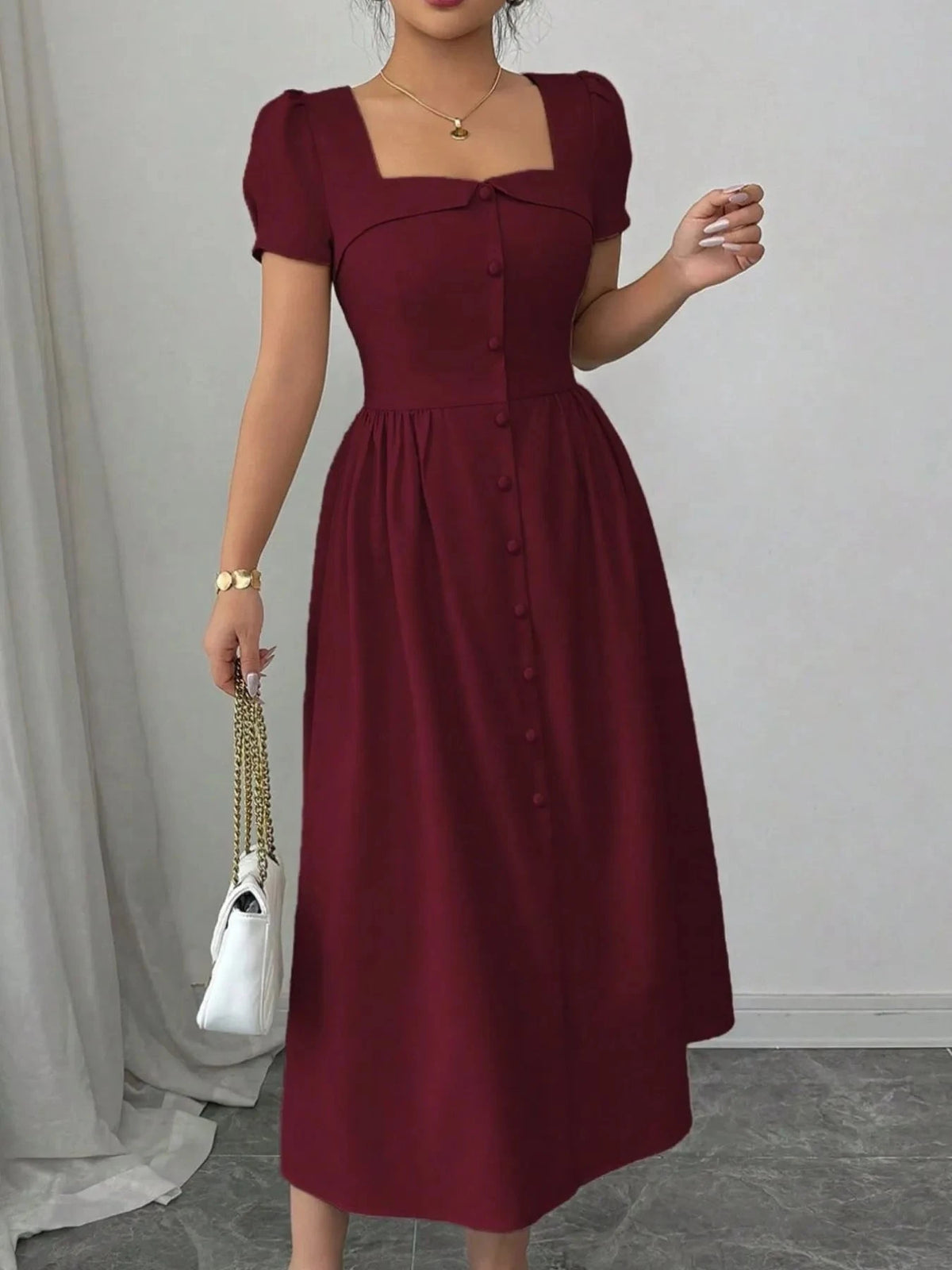 Square Neck Puff Sleeve Midi Dress Burgundy / S