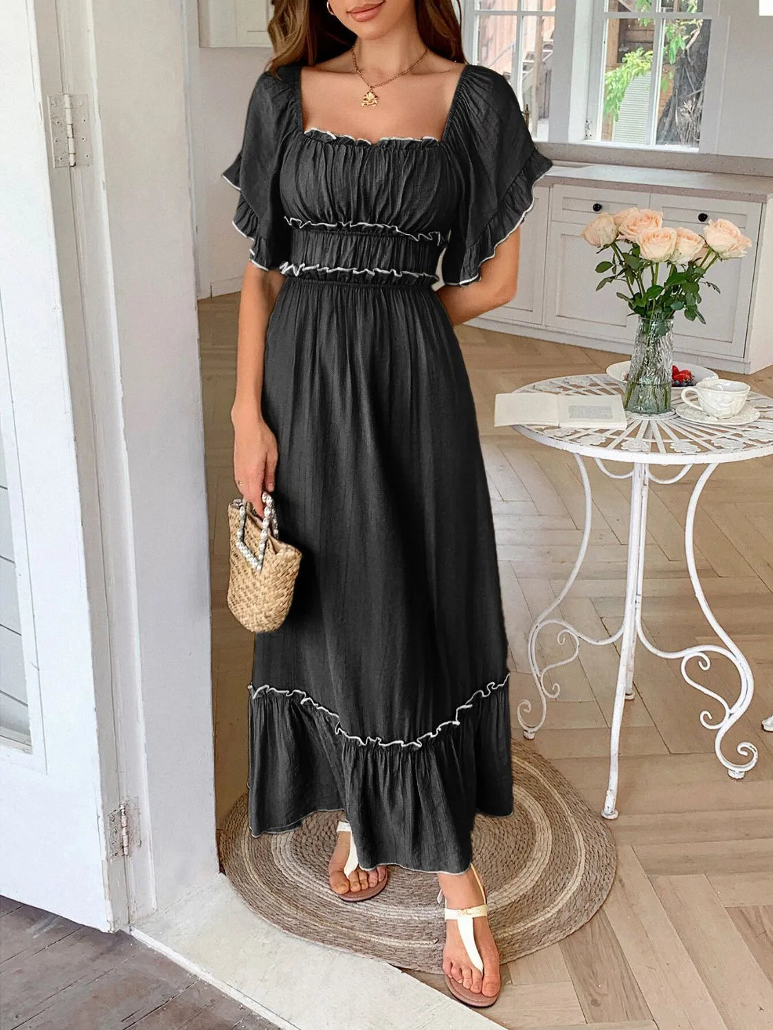 Square Neck Puff Sleeve Ruffle Trim Maxi Dress Black / S