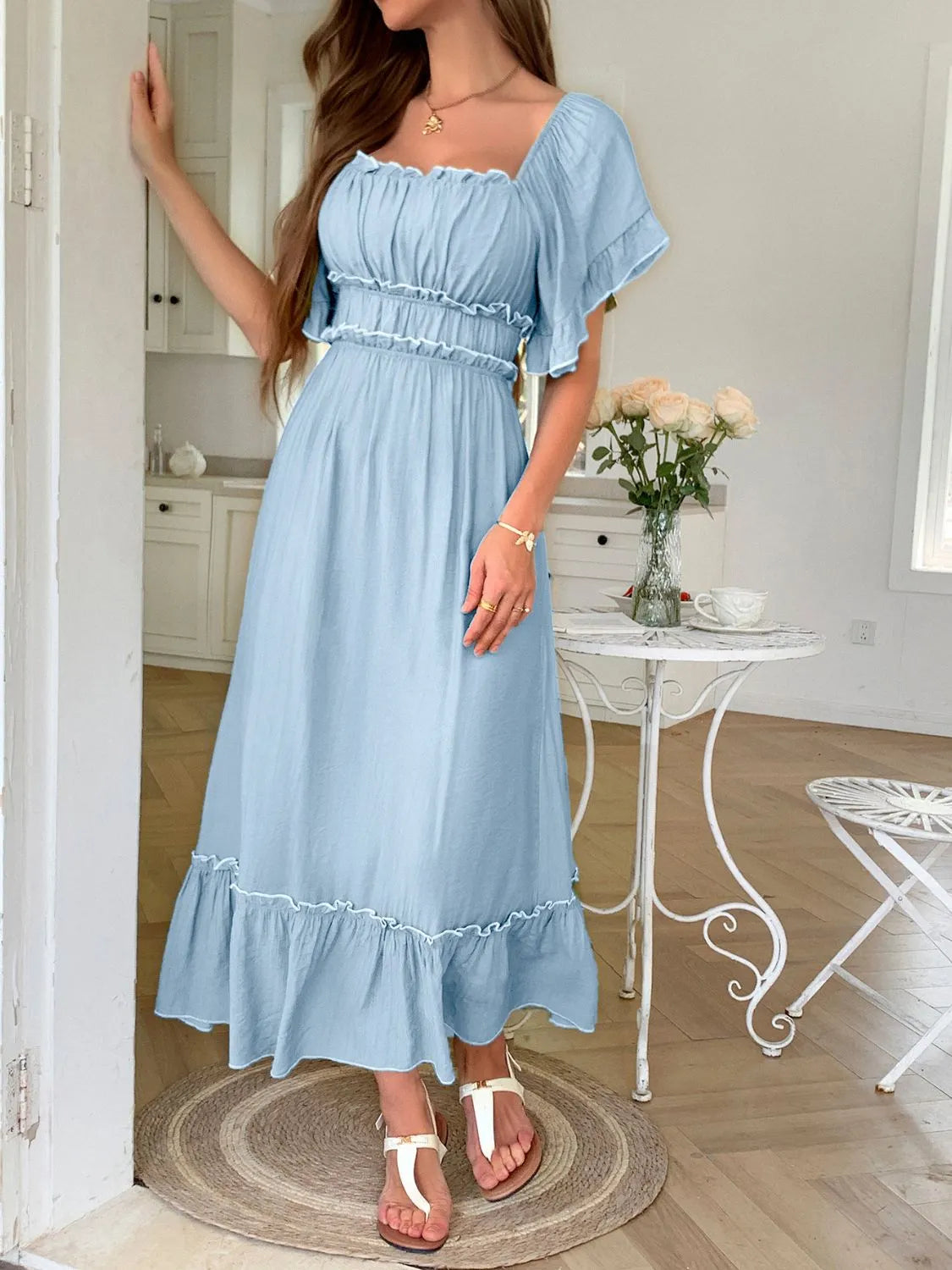 Square Neck Puff Sleeve Ruffle Trim Maxi Dress Blue / S
