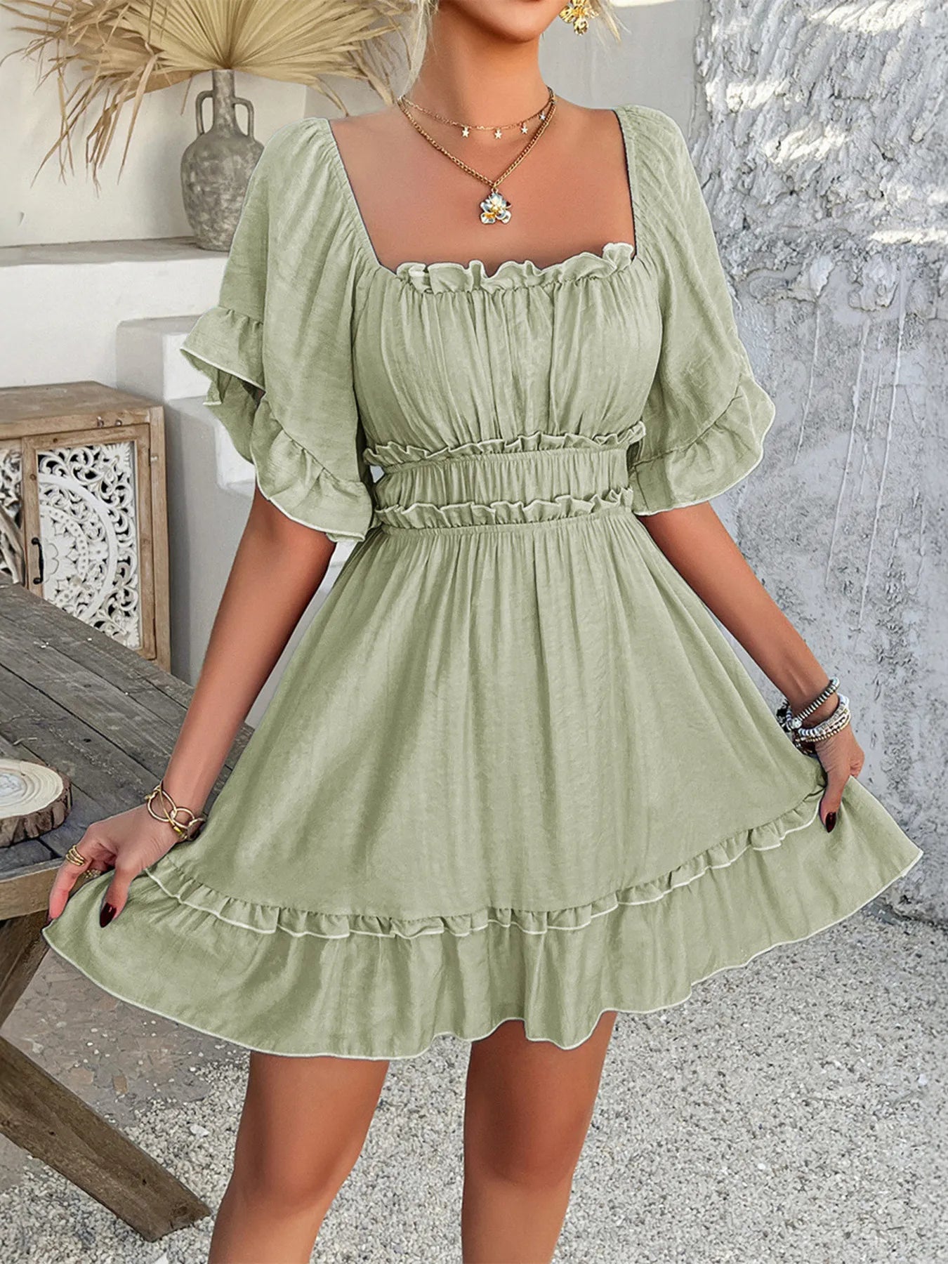 Square Neck Ruffle Trim Mini Dress Sage / S