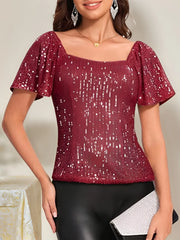 Square Neck Sequin Short Sleeve Blouse Bright Red / S