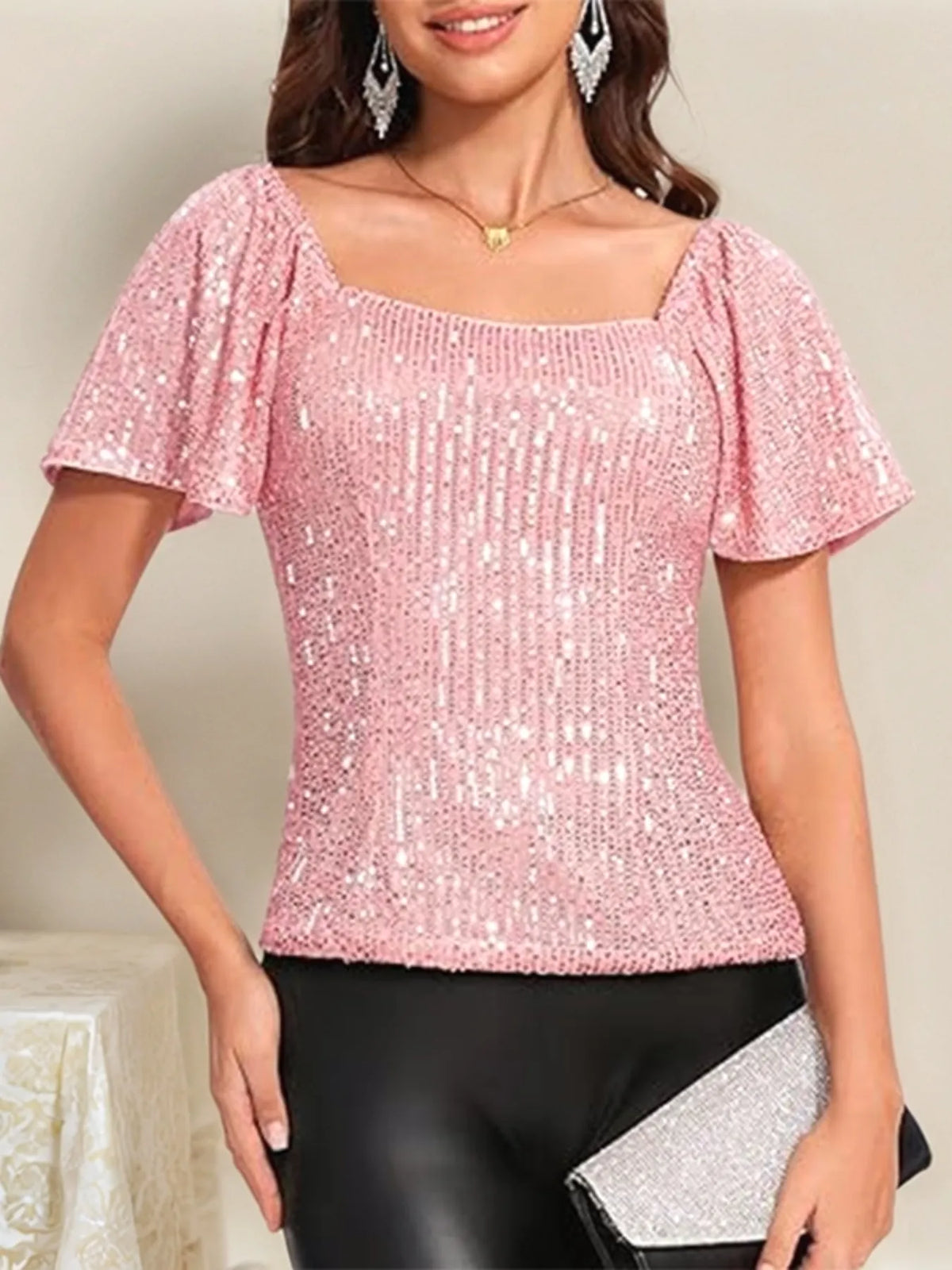 Square Neck Sequin Short Sleeve Blouse Pink / S