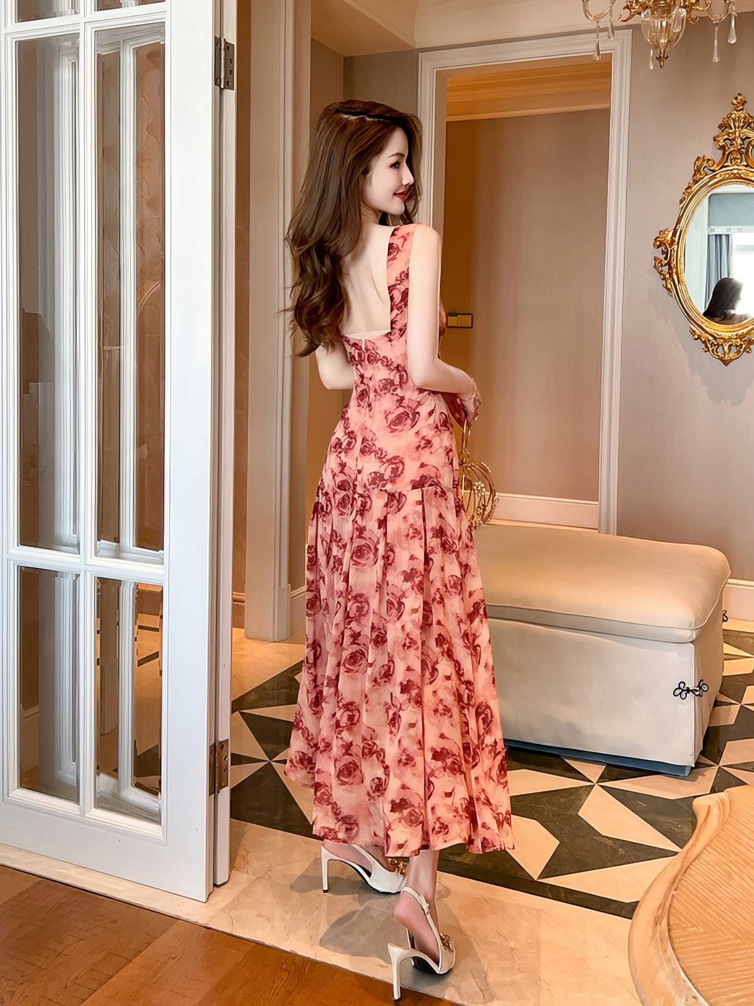 Square Neck Sleeveless Floral Vintage Dress