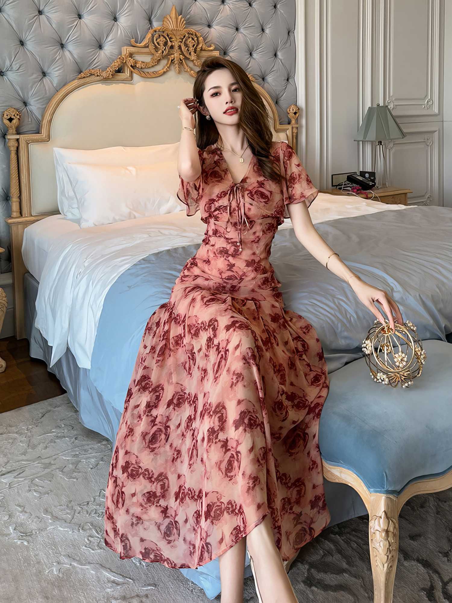 Square Neck Sleeveless Floral Vintage Dress